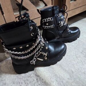 Diva Black Moto Boots with Silver Chains